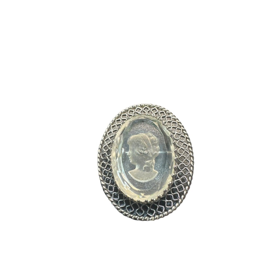 Vintage Whiting & Davis Intaglio Clear Glass Cameo Reverse Carved Brooch Pin